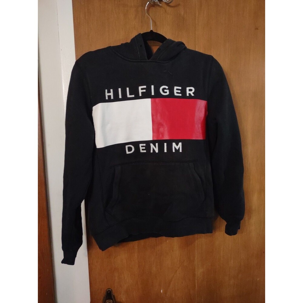 Tommy Hilfiger Mens Sweatshirt Hoodie Blue Small Big Flag Embroidered Logo Denim